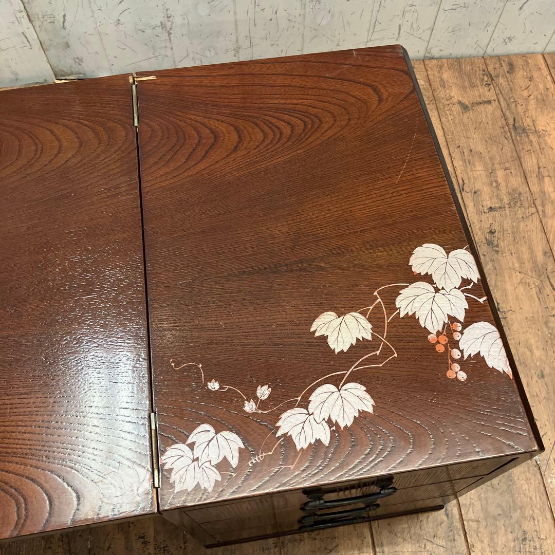 昭和レトロ 木製 葡萄柄 折りたたみ文机 テーブル 箪笥 小箪笥 3段 小物入れ