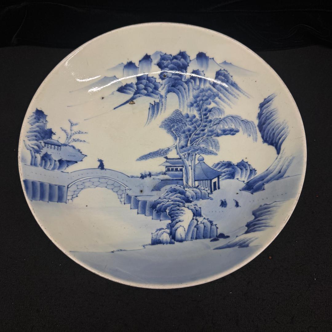 古伊万里　山水楼　大皿　染付　飾り皿　在銘　時代物33cm