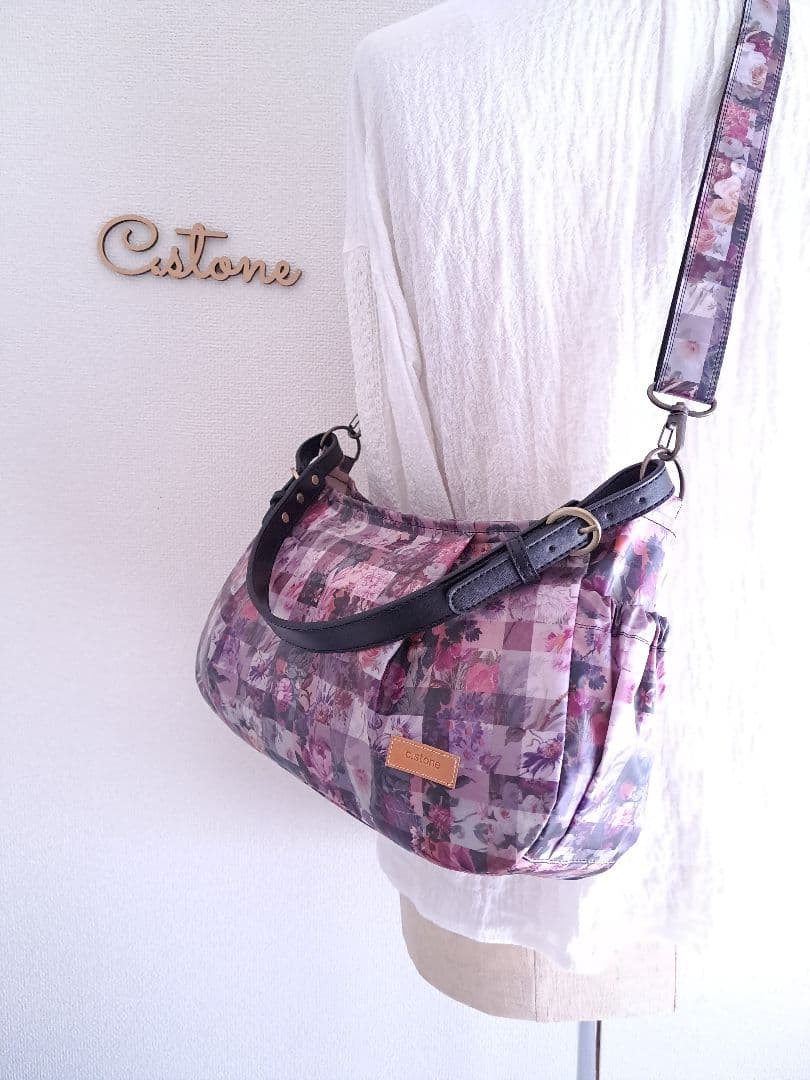 アーカイブギンガムパープル　横長ショルダーBag　持ち手別売り共布ショルダー紐付