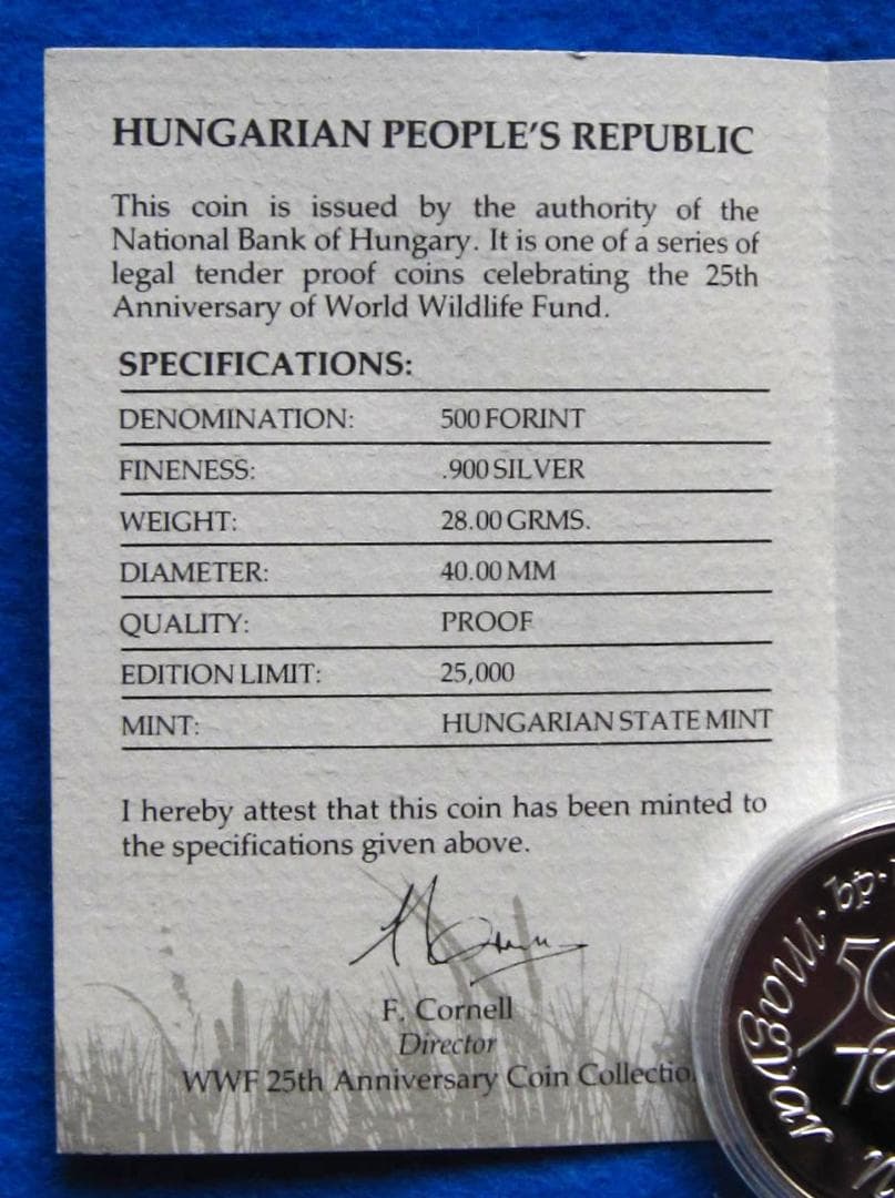 ８８年ハンガリー　WWF２５周年記念　５００フォリントプルーフ銀貨チュウヒ図１枚