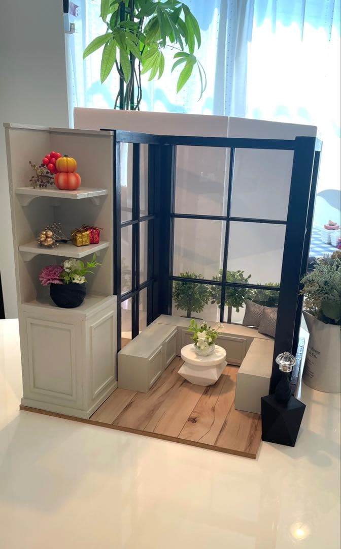 ドールハウス　撮影背景ボード　ハンドメイド☆コーナールーム＆チェア＆シェルフ家具