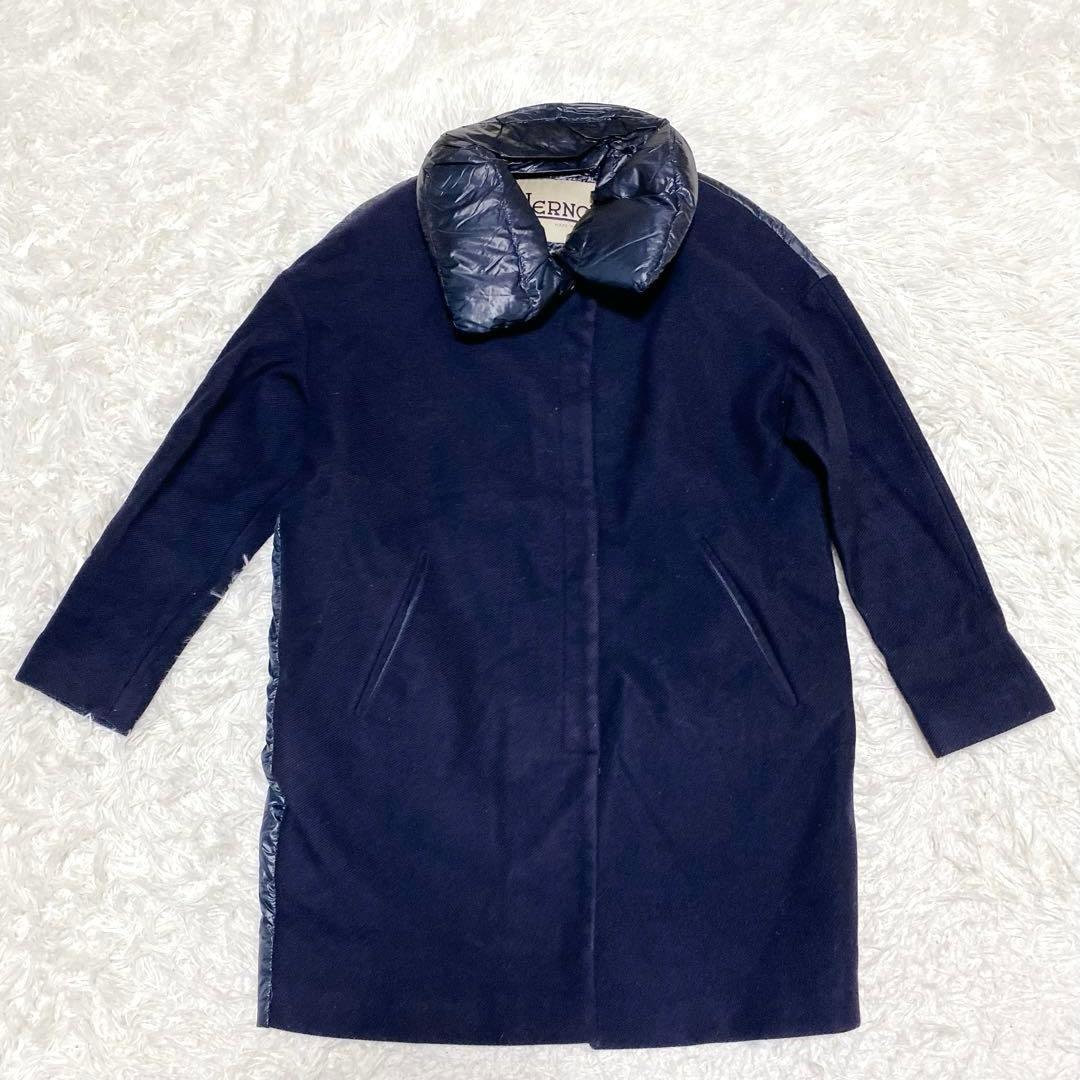 a2077【ヘルノ】異素材ドッキング 切り替え ダウンジャケット ネイビー 42