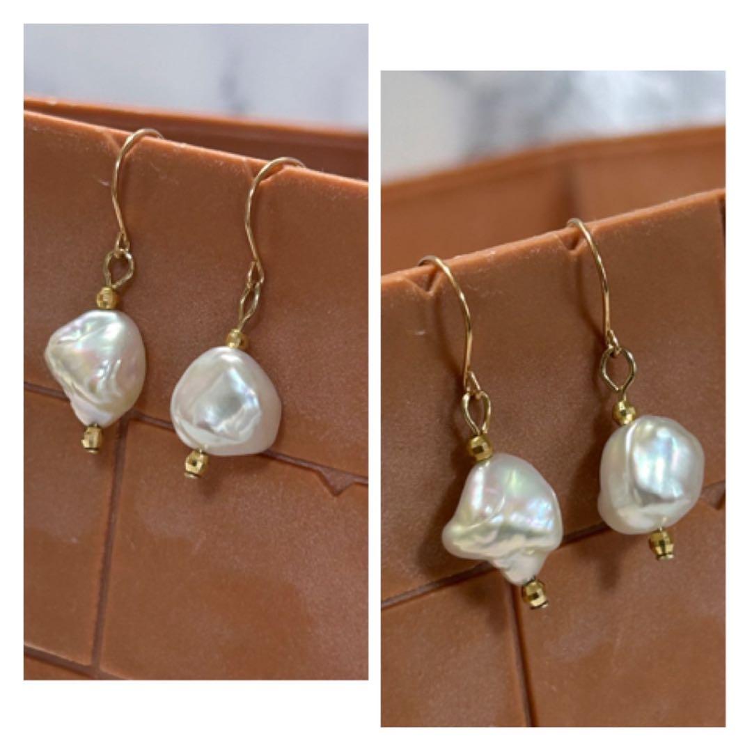 (M0923-1)K18PG,YG南洋白蝶ケシパールピアス　宝石　ぶら下がり