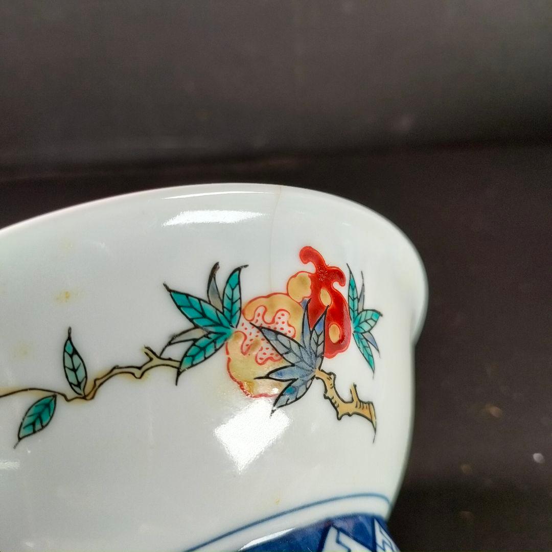 C19-2/呉福作/染錦柘榴梅菊画蓋物丼5客組/共箱/蓋付/茶碗/懐石料理