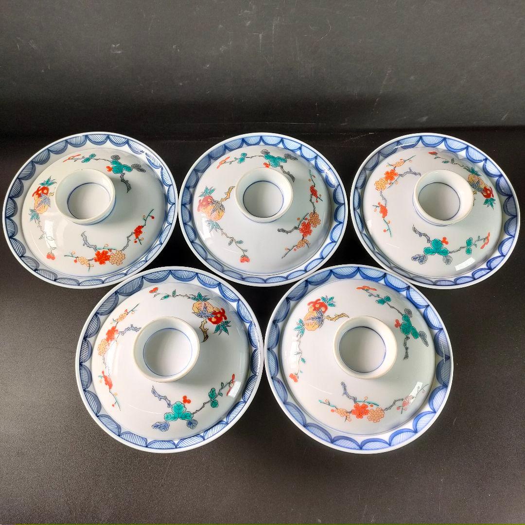 C19-2/呉福作/染錦柘榴梅菊画蓋物丼5客組/共箱/蓋付/茶碗/懐石料理