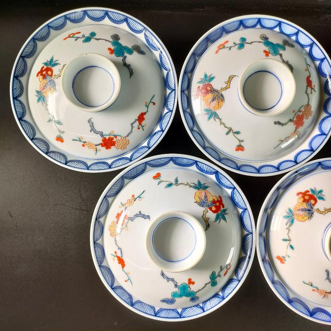C19-2/呉福作/染錦柘榴梅菊画蓋物丼5客組/共箱/蓋付/茶碗/懐石料理