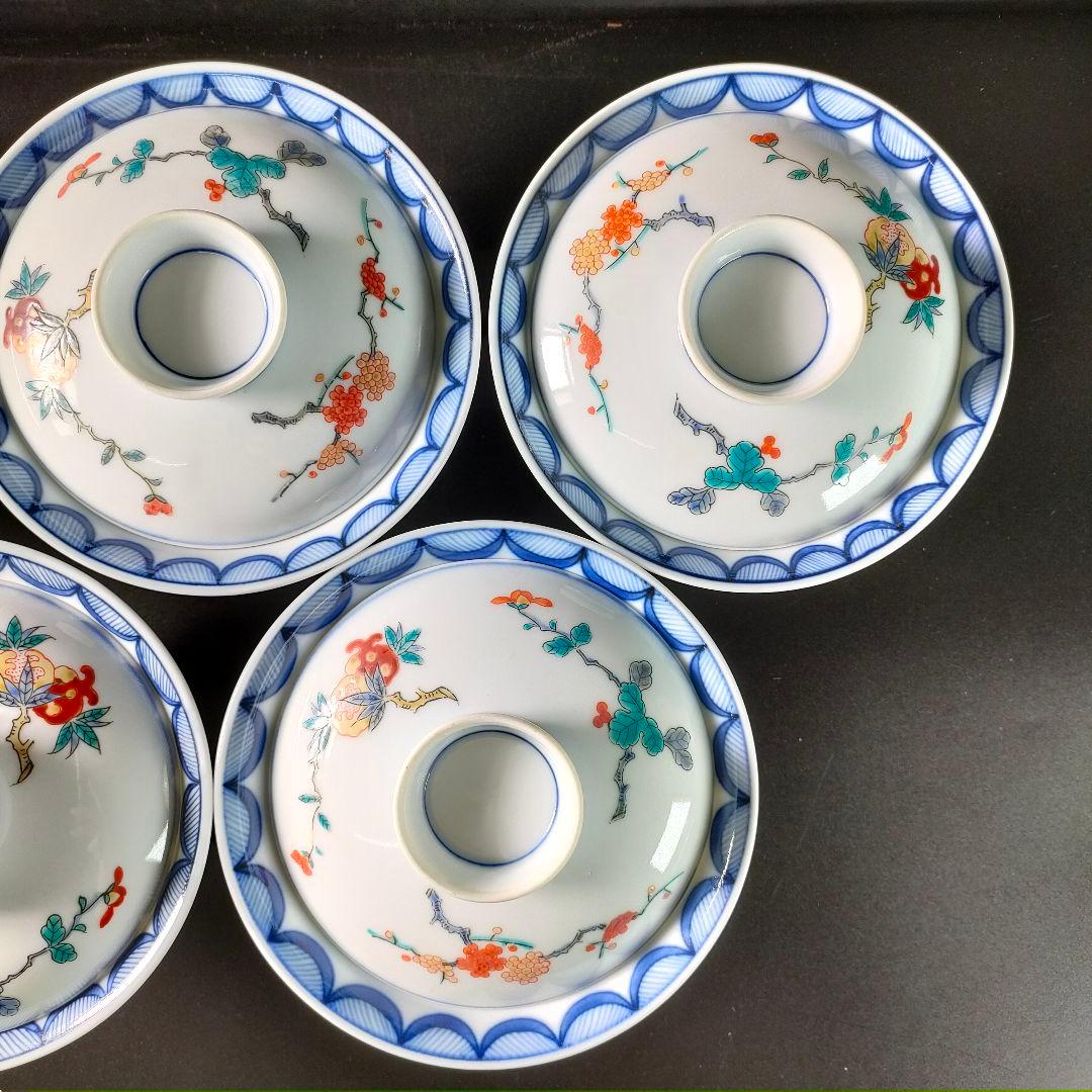 C19-2/呉福作/染錦柘榴梅菊画蓋物丼5客組/共箱/蓋付/茶碗/懐石料理