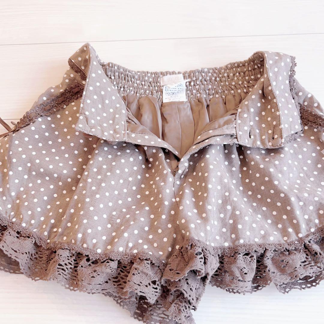 リズリサ ダークブラウン ドット柄 レースフリル キュロット