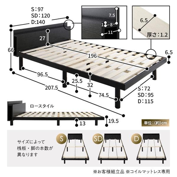 ベッド シングル ベッドフレームのみ ブラック 宮付き 高さ調整 すのこ ベット