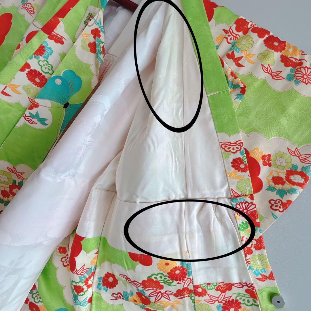 フルセット　七五三７歳女の子　昭和レトロ　着物＆帯＆長襦袢＆小物　緑　蝶