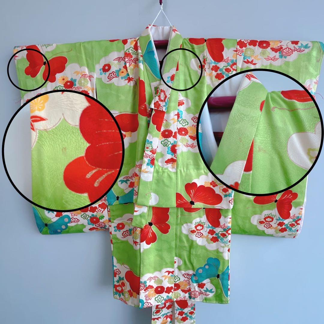 フルセット　七五三７歳女の子　昭和レトロ　着物＆帯＆長襦袢＆小物　緑　蝶