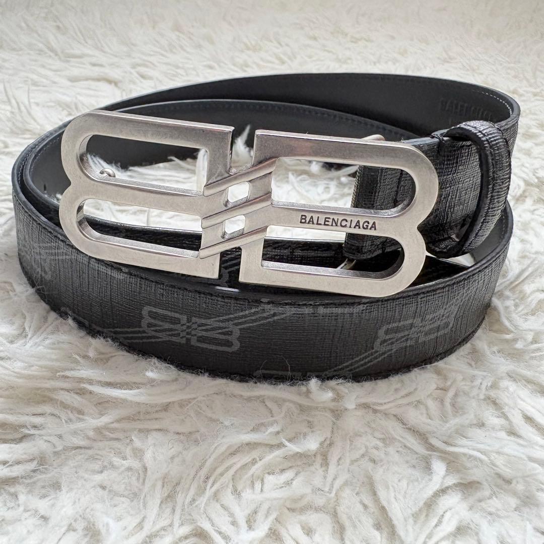 美品　BALENCIAGA BBバックル　モノグラムコーティングレザーベルト90