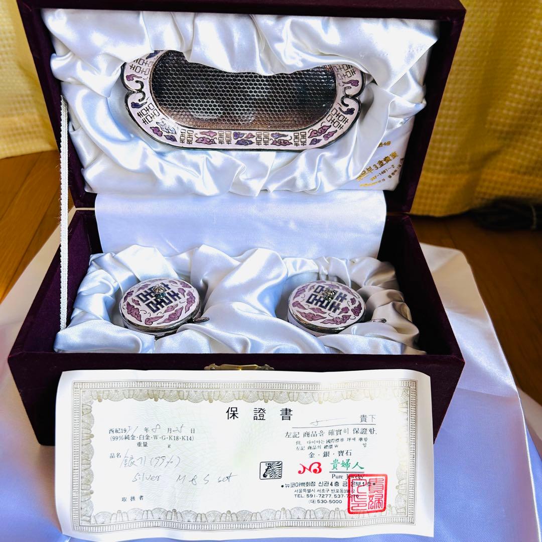 未使用　純銀七宝砂糖器＆トレイセット　銀食器　レトロ　ビンテージ　希少