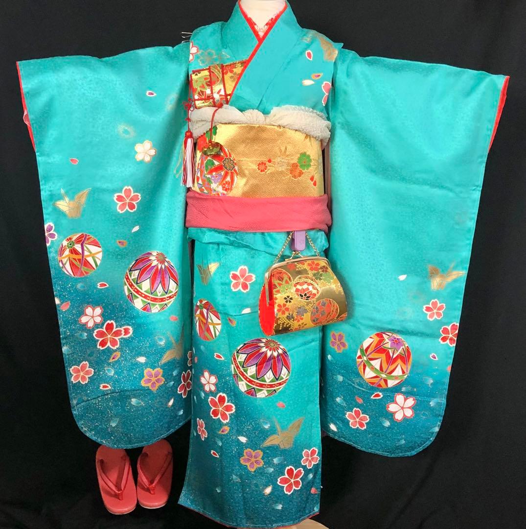 【正絹】 七五三　7歳　絵羽　鞠　折鶴　着物　四つ身　作り帯　セット　女の子