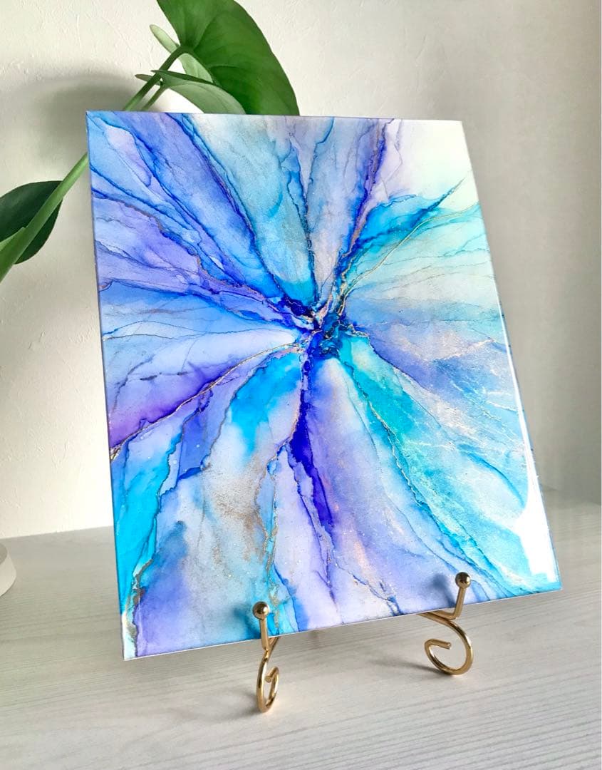 アルコールインクアート　アートパネル　インクアート　青　紫　一点物　放射状アート