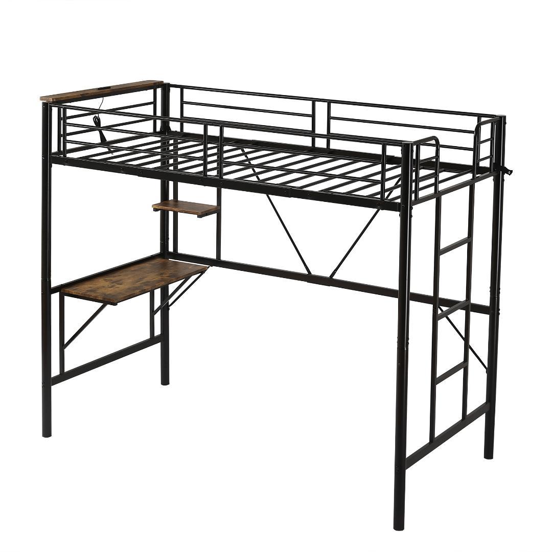 ロフトベッド シングル パイプベッド 収納棚 デスク付き収納 パイプブラック