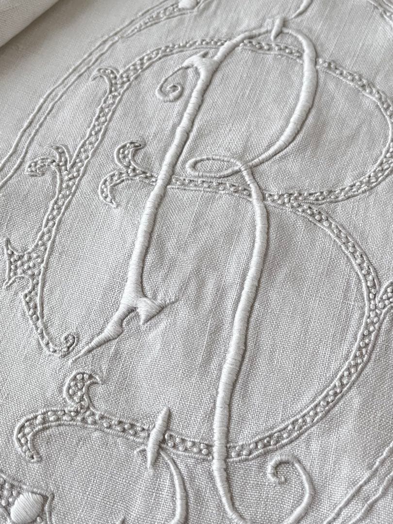 【美品】フランスアンティーク BR手刺繍 ホワイトフリルカフェカーテン 3374