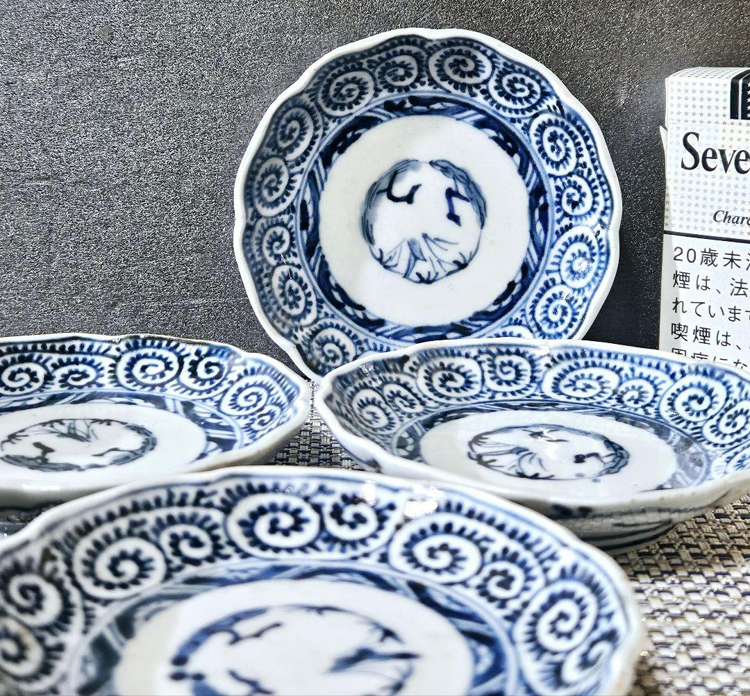 江戸時代後期　古伊万里　染付　たこ唐草 文様　輪花縁　小皿　5客　径10.1cm
