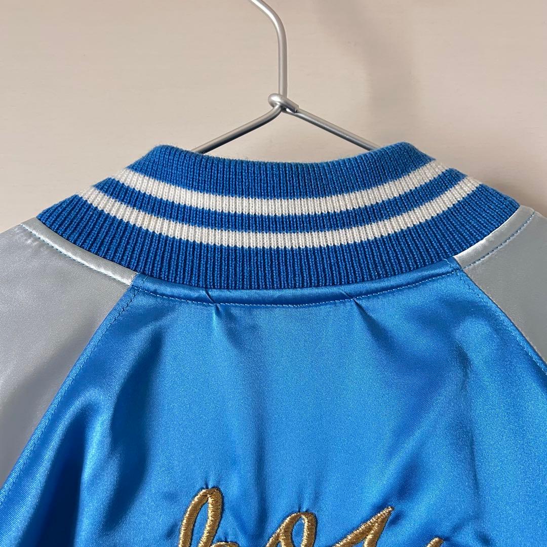 横須賀 プリンス商会 スカジャン 白 薔薇 L ブルー 刺繍 サテン