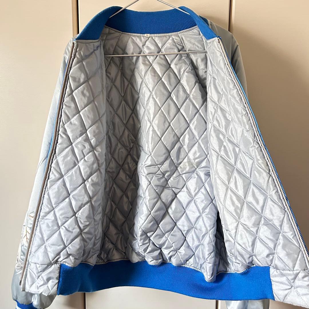 横須賀 プリンス商会 スカジャン 白 薔薇 L ブルー 刺繍 サテン