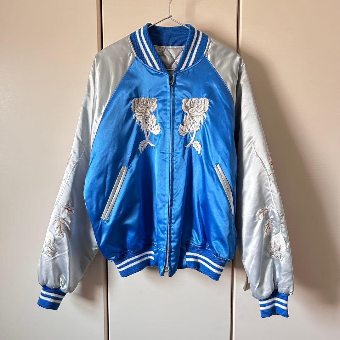 横須賀 プリンス商会 スカジャン 白 薔薇 L ブルー 刺繍 サテン