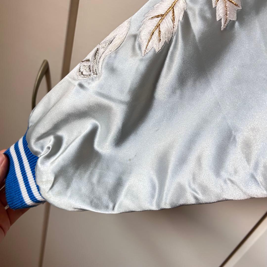 横須賀 プリンス商会 スカジャン 白 薔薇 L ブルー 刺繍 サテン