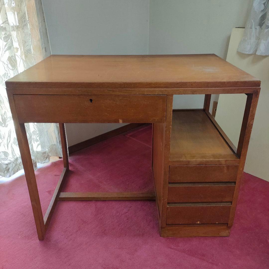 【昭和レトロ】 木製 勉強机 学習机 片袖 4引き出し付き 木製シンプル事務机