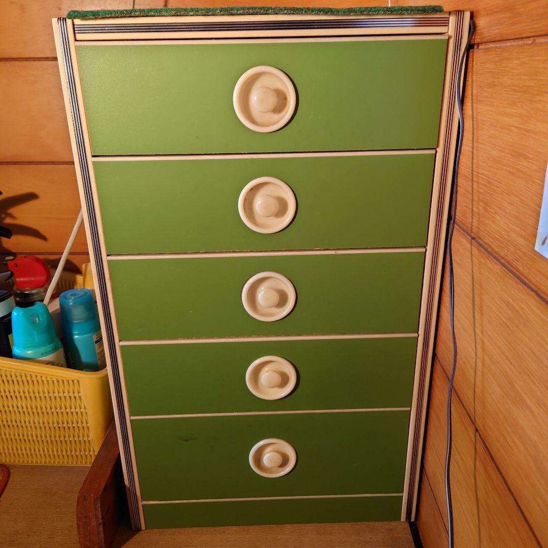 ◆昭和レトロポップ【緑色 5段チェスト】 丸型取っ手付き