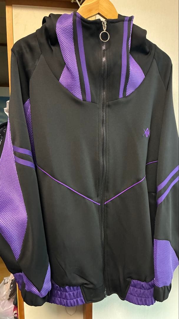 REFLEMレフレムメッシュ切替ハイネックジャージパーカー黒×紫ブラックパープル