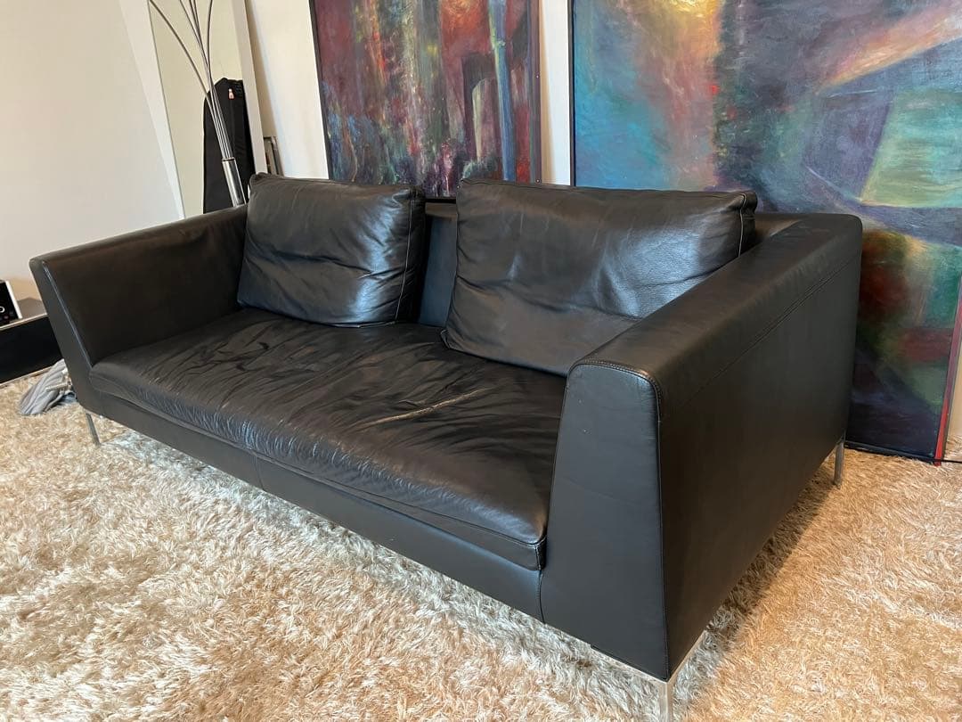 ぽめめ　黒 レザー 3人掛けソファ Charles