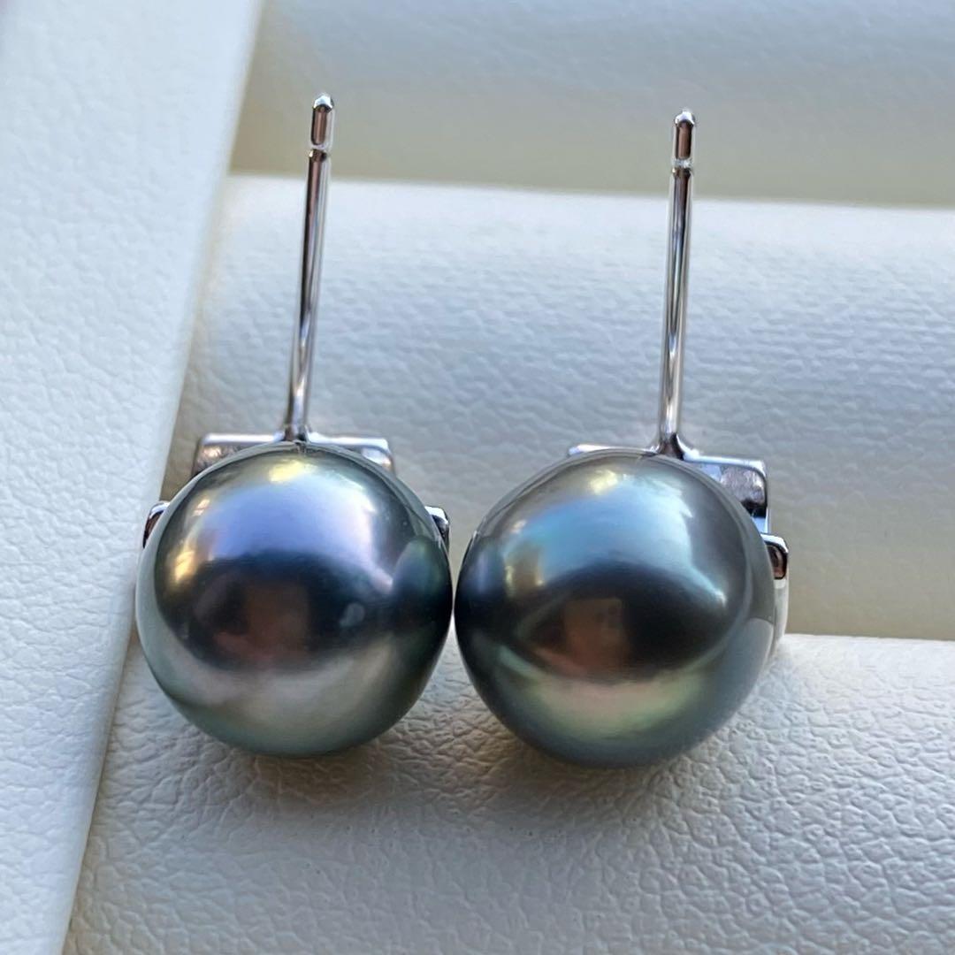 本真珠　南洋黒蝶真珠タヒチパールピアス　9.4mmグリーンP1188