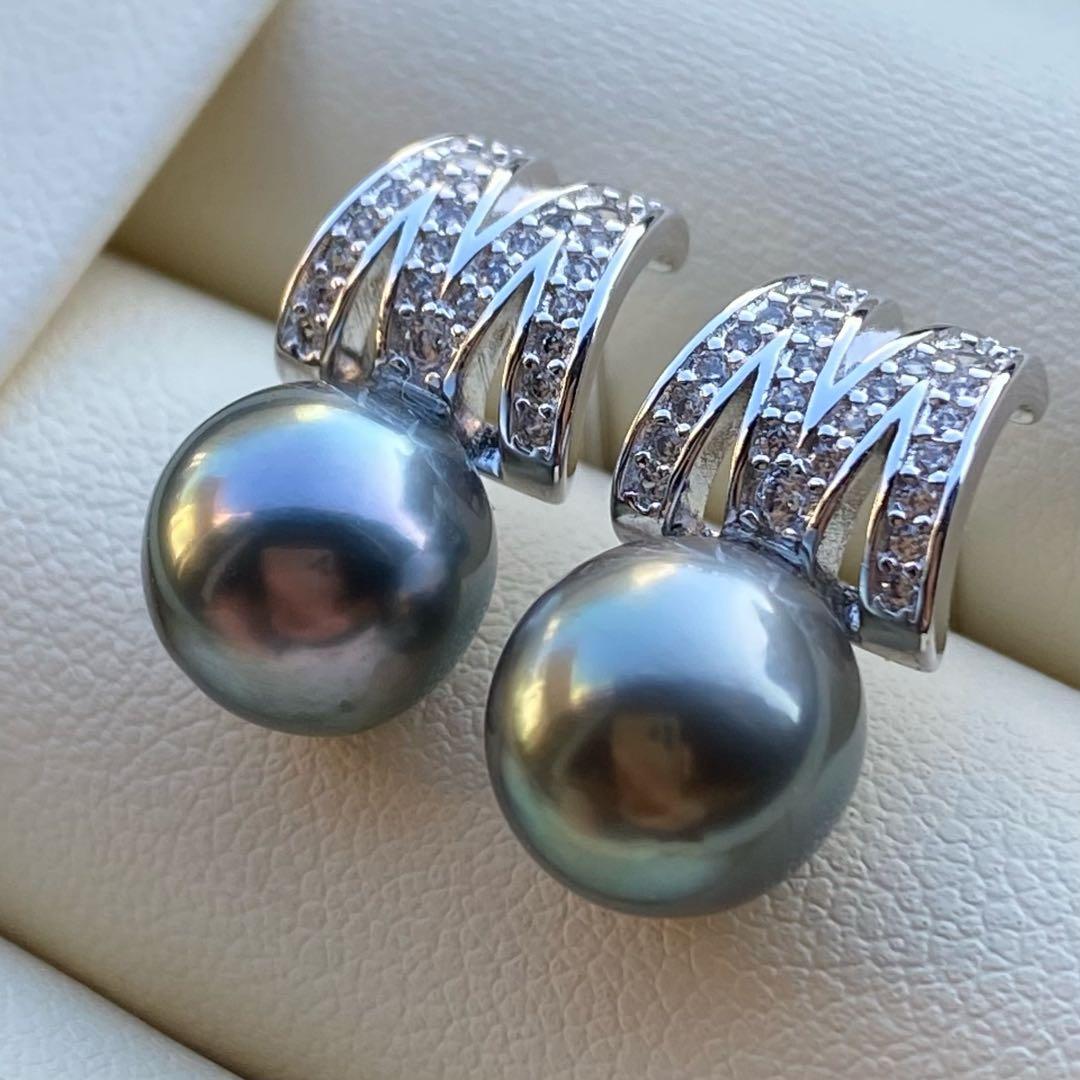 本真珠　南洋黒蝶真珠タヒチパールピアス　9.4mmグリーンP1188