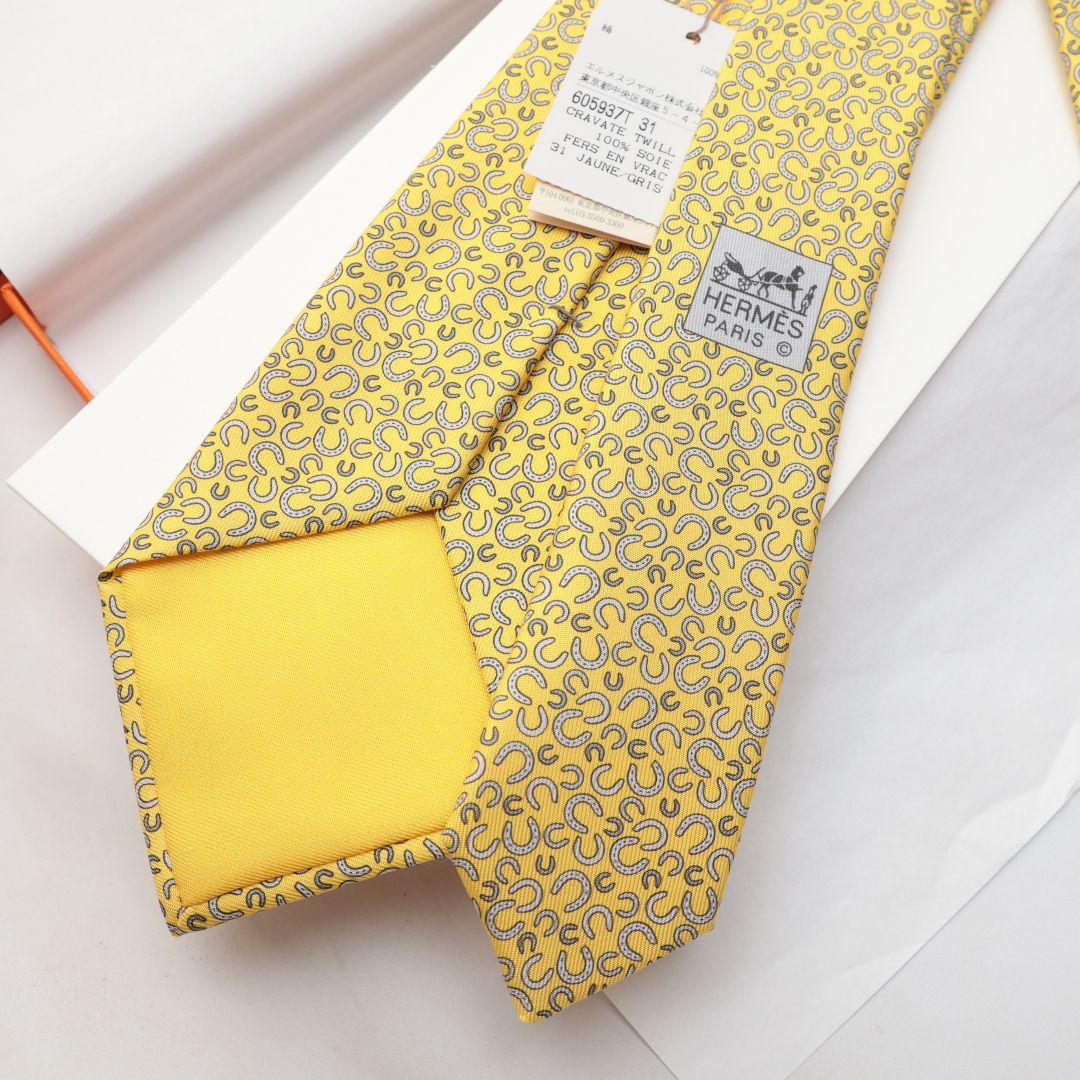 未使用 HERMES エルメス イエロー シルク ネクタイ 模様入り