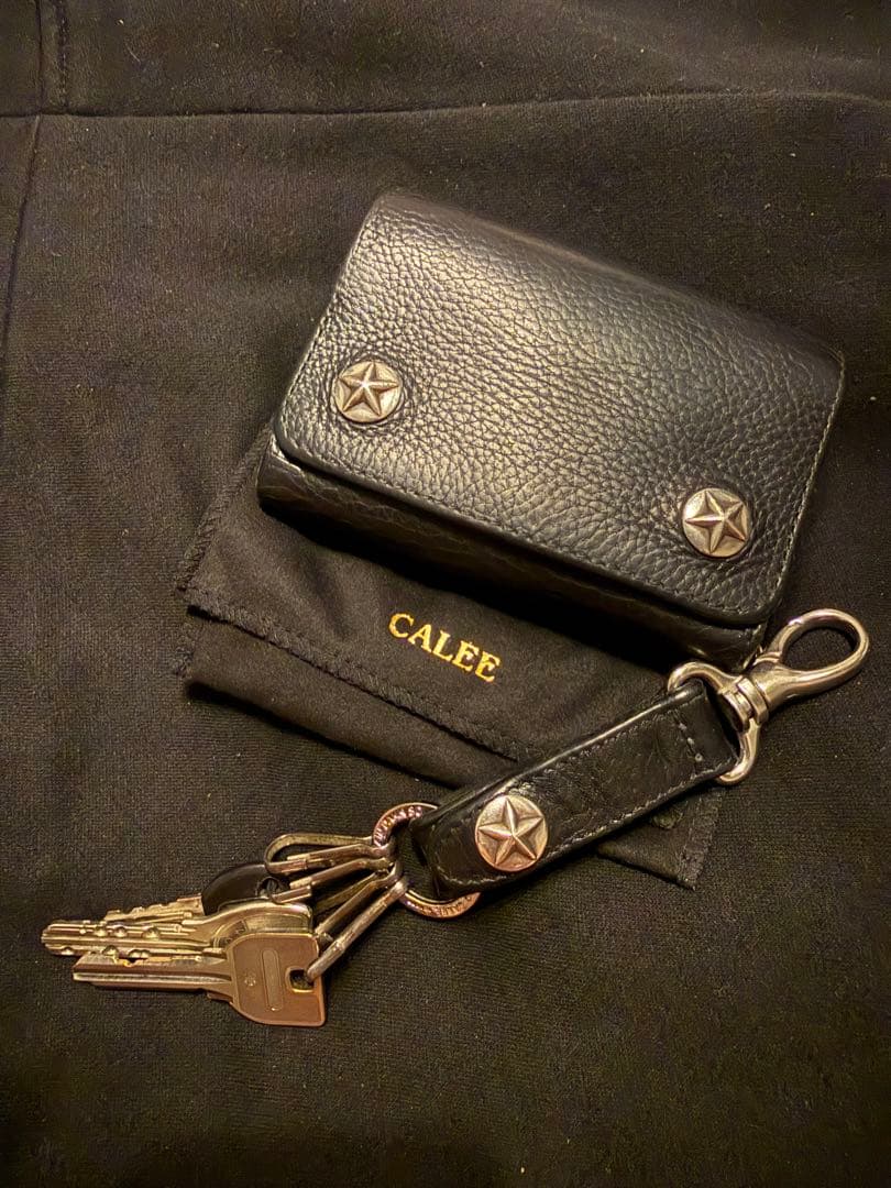 CALEE ブラックレザー三つ折り財布/キーリング