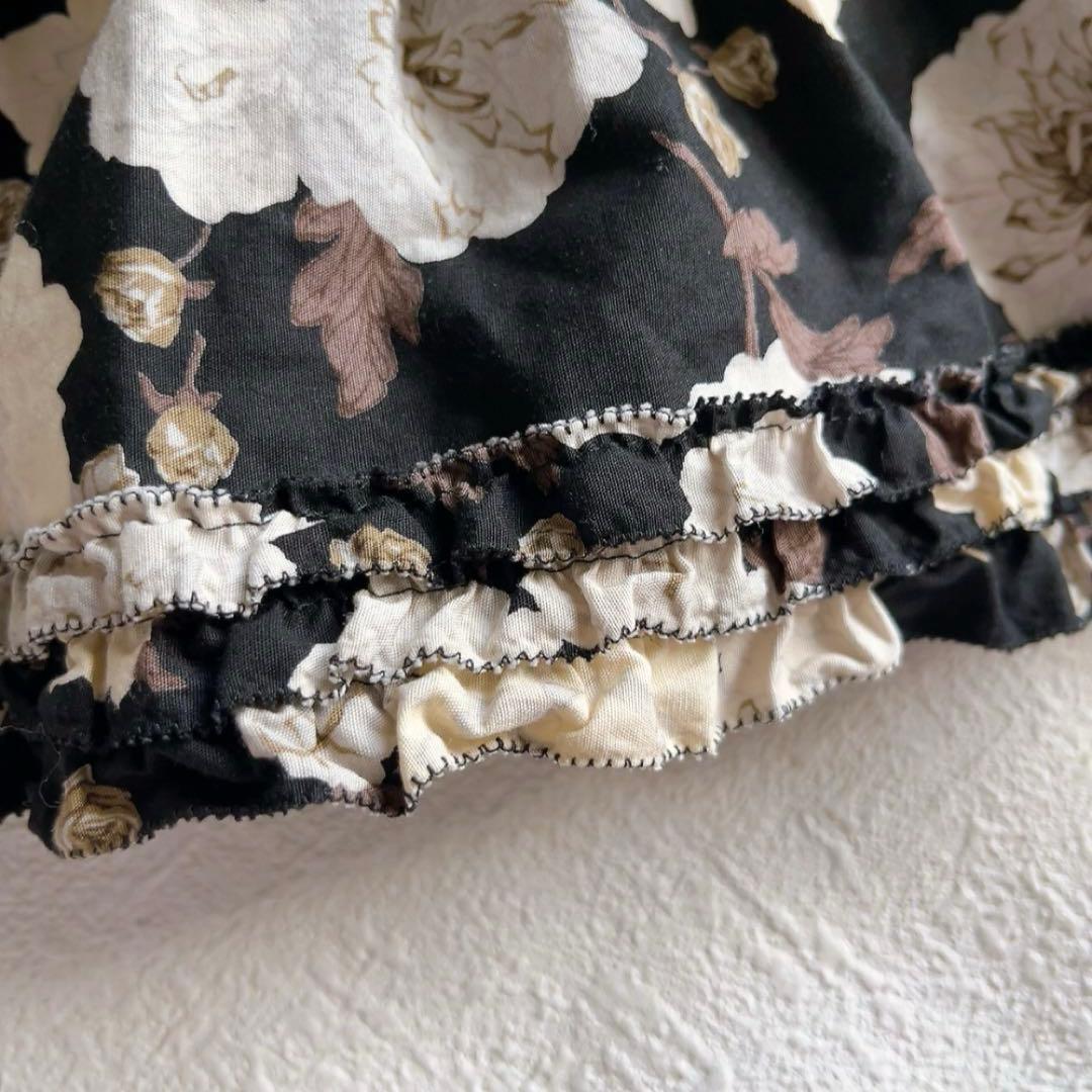 ピンクハウス　花柄ティアードフリルスカート　リボン　コットン　ブラック/ホワイト
