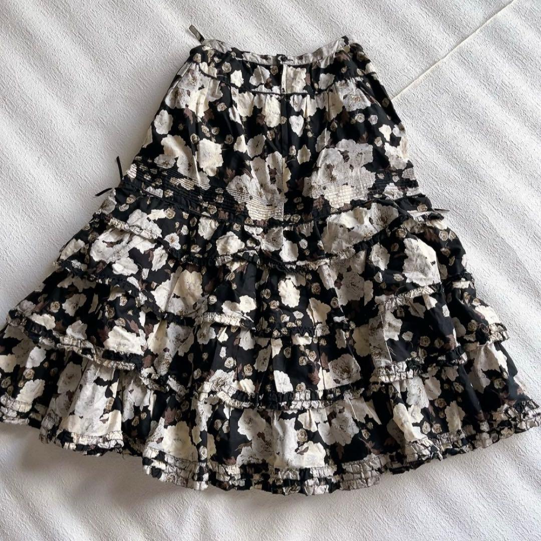 ピンクハウス　花柄ティアードフリルスカート　リボン　コットン　ブラック/ホワイト