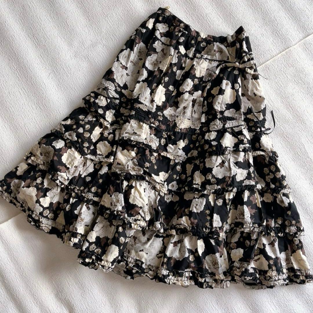 ピンクハウス　花柄ティアードフリルスカート　リボン　コットン　ブラック/ホワイト