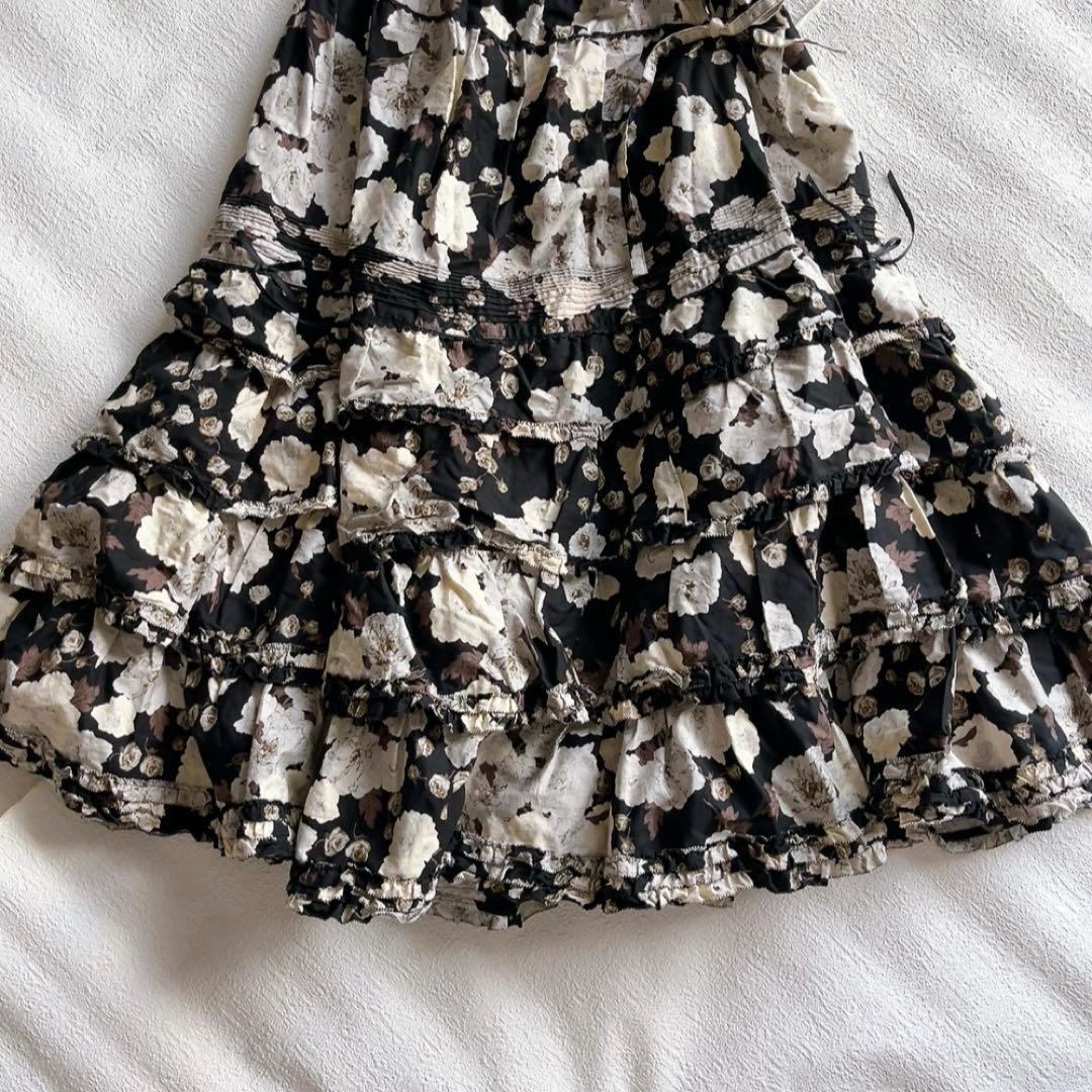 ピンクハウス　花柄ティアードフリルスカート　リボン　コットン　ブラック/ホワイト