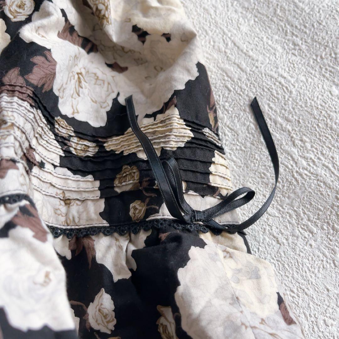 ピンクハウス　花柄ティアードフリルスカート　リボン　コットン　ブラック/ホワイト