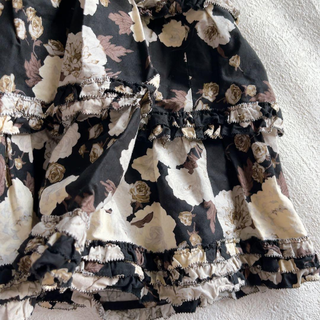 ピンクハウス　花柄ティアードフリルスカート　リボン　コットン　ブラック/ホワイト