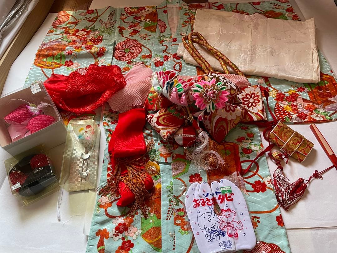 七五三 着物一式 青色 花柄 女の子 アンティーク 7歳着物　753