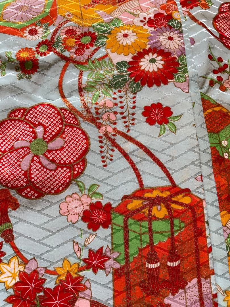 七五三 着物一式 青色 花柄 女の子 アンティーク 7歳着物　753