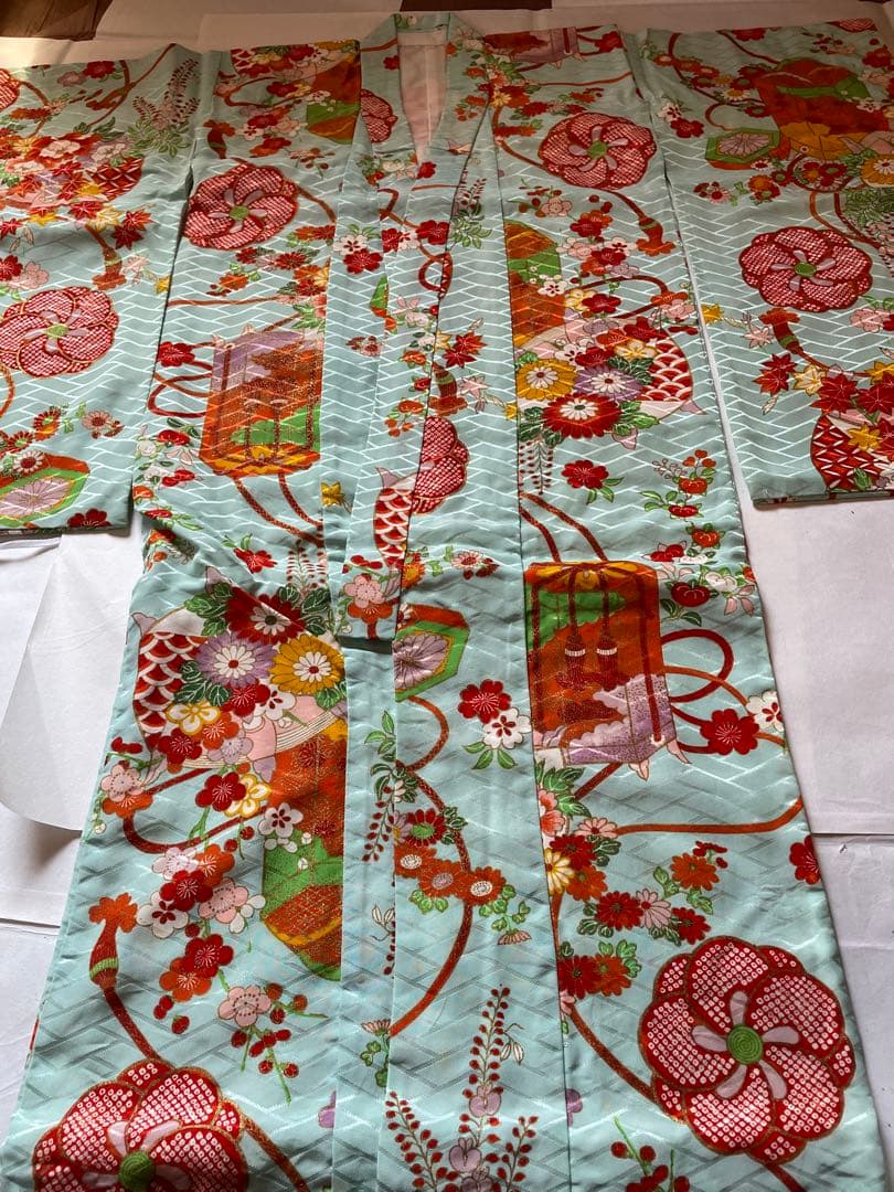 七五三 着物一式 青色 花柄 女の子 アンティーク 7歳着物　753