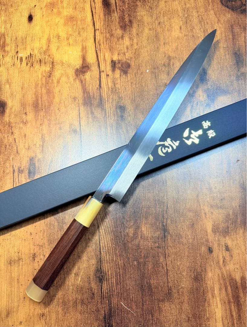 森本光一作　刺身 柳刃　本焼　白鋼 包丁　尺　鏡面　紫檀両白水牛八角柄