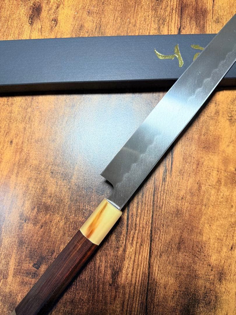 森本光一作　刺身 柳刃　本焼　白鋼 包丁　尺　鏡面　紫檀両白水牛八角柄