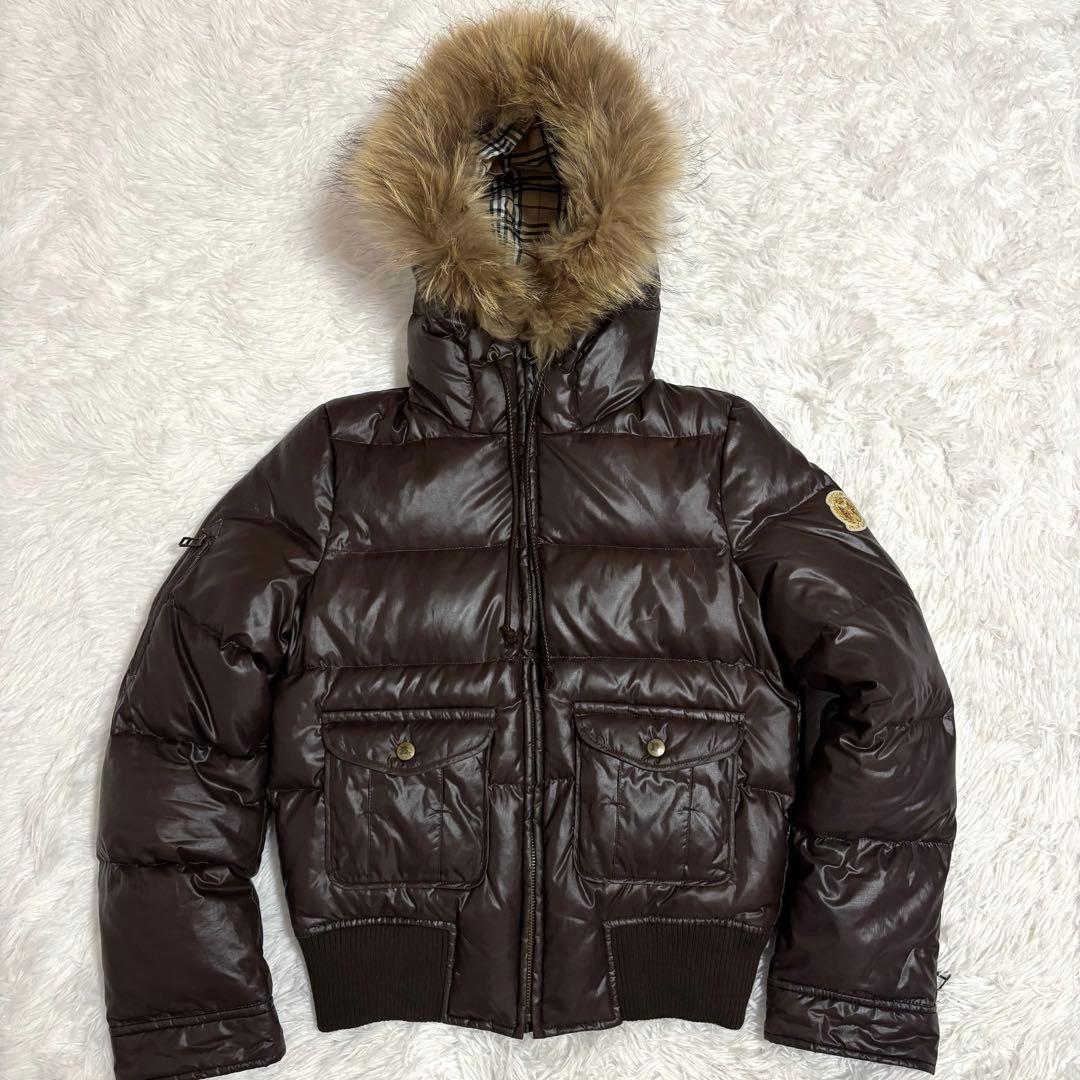 バーバリーブルーレーベル ファー ダウンジャケット ノバチェック ブラウン　40