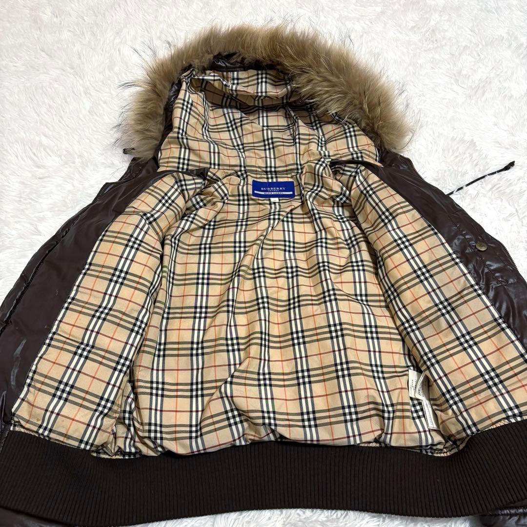 バーバリーブルーレーベル ファー ダウンジャケット ノバチェック ブラウン　40