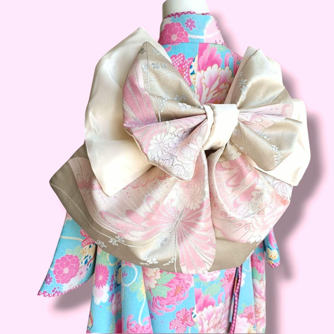 白シルバーに蝶や花模様の作り帯☆七五三