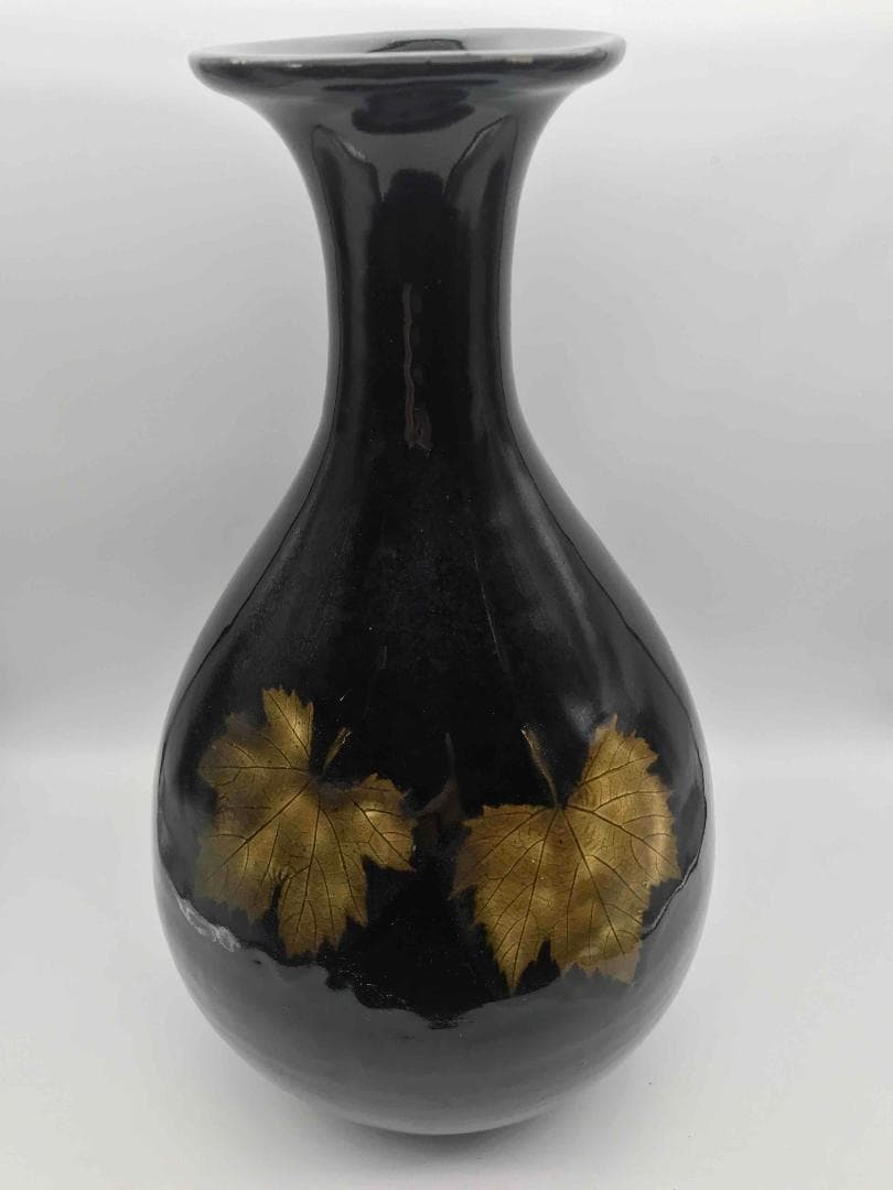 宋 吉州窯黑釉木葉紋玉壺春瓶 古賞物　時代物　唐物 中国古美術(C-32)