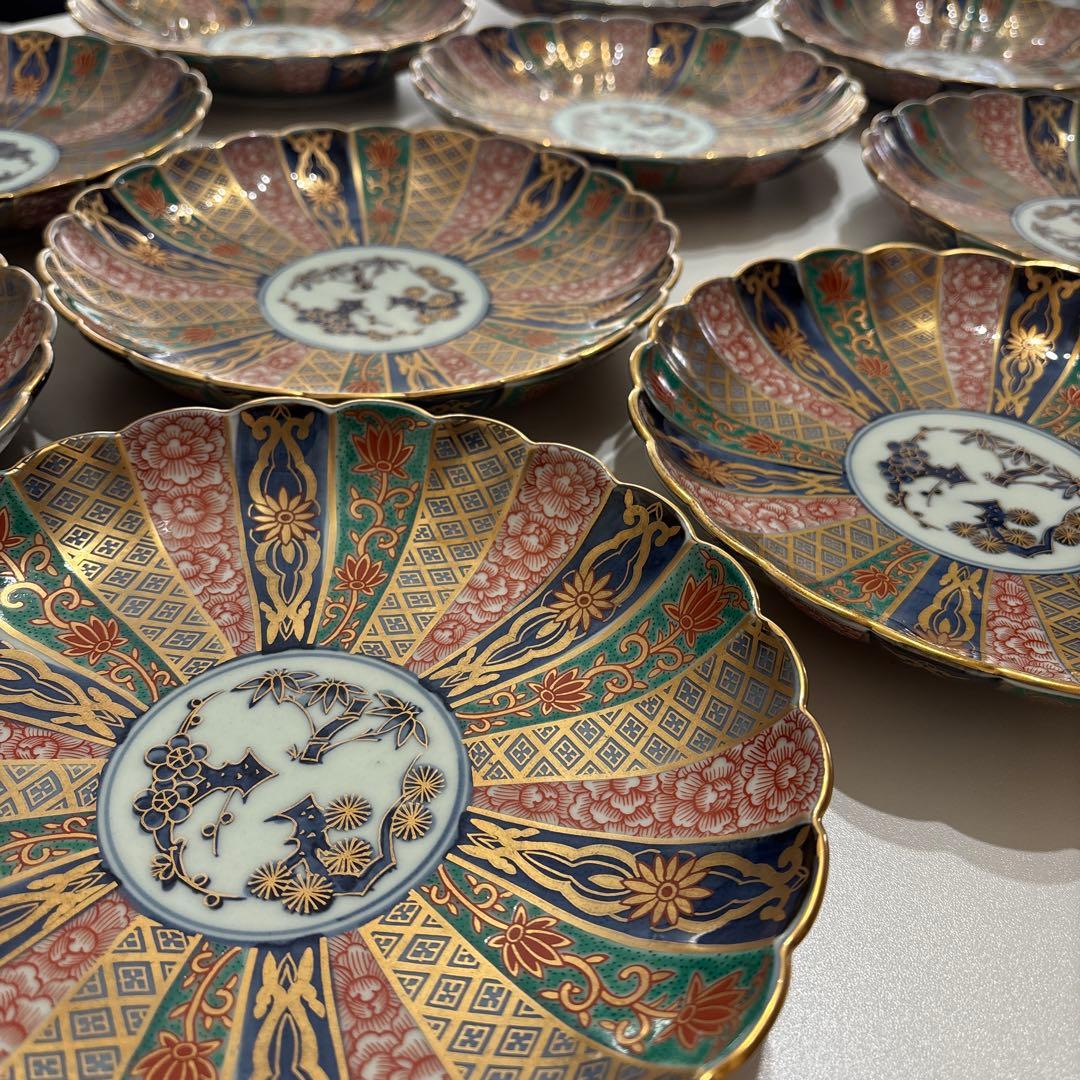 【美品】有田焼 林九郎作 色絵金彩 花形 大皿10枚セット